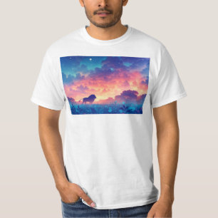 Camiseta Leão em um Campo de Tons de Pôr do Sol