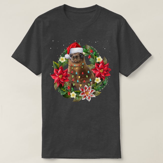 Camiseta Leão-marinho com Luzes de Natal Família Correspond (Frente do Design)