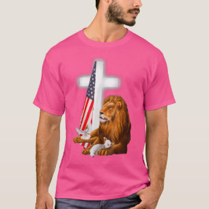 Camiseta Leão Patriótico Cristão E Cruz Do Cordeiro Ovelha