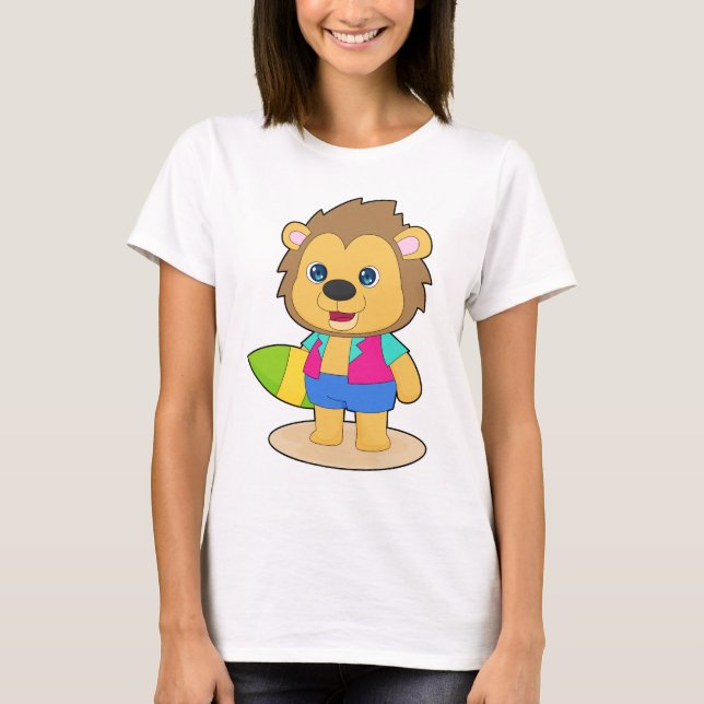 Camiseta Leão Surfando Prancha de Surfe Verão (Frente)