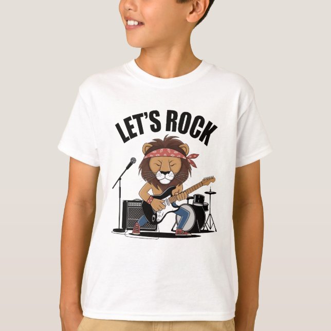 Camiseta Leão tocando violão com bateria e microfone (Frente)