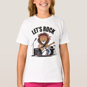 Camiseta Leão tocando violão com bateria e microfone