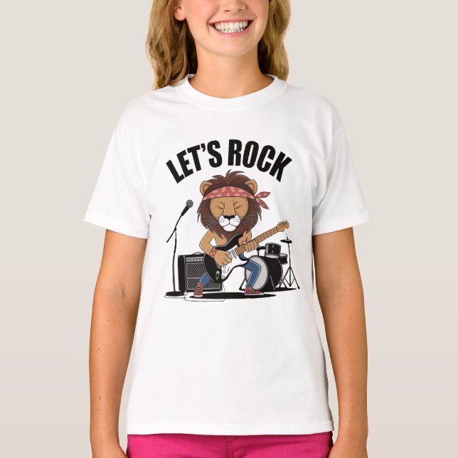 Camiseta Leão tocando violão com bateria e microfone (Frente)