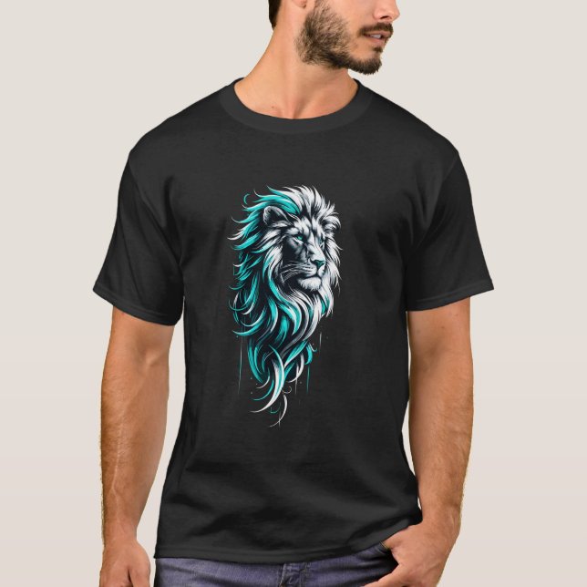 Camiseta Leão Trabalho de arte Azul Olhos Zoológico Animal  (Frente)