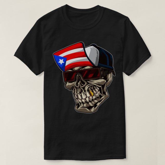 Camiseta Legal Caveira de Porto Rico com Boné e Bandeira Bo (Frente do Design)