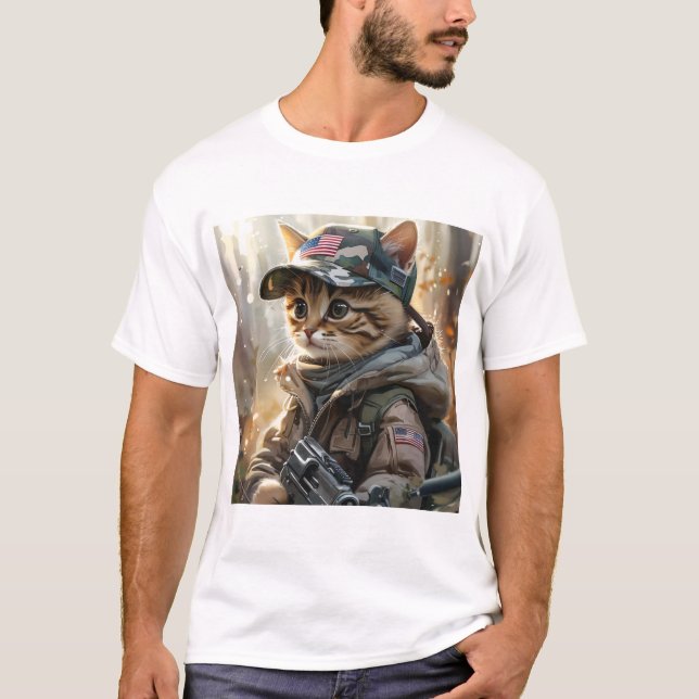 Camiseta Legal Gato de MAGA com Arma e Camuflagem AMÉRICA F (Frente)