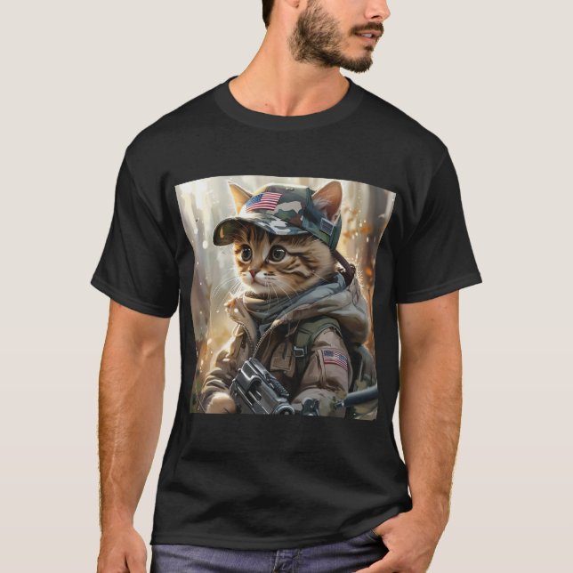 Camiseta Legal Gato de MAGA com Arma e Camuflagem AMÉRICA F (Frente)