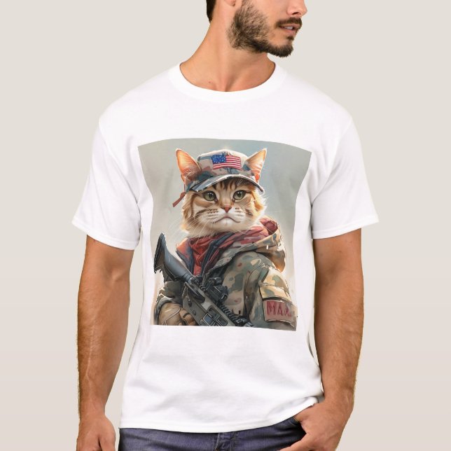 Camiseta Legal Gato de MAGA com Arma e Camuflagem AMÉRICA F (Frente)