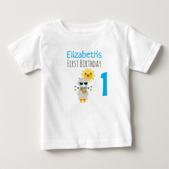 Camiseta Legal Llama e primeiro aniversario Kawaii Sun sorr (Frente)