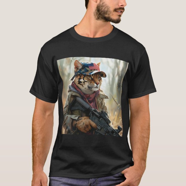 Camiseta Legal MAGA Grande Gato com Arma e Camuflagem AMÉRI (Frente)