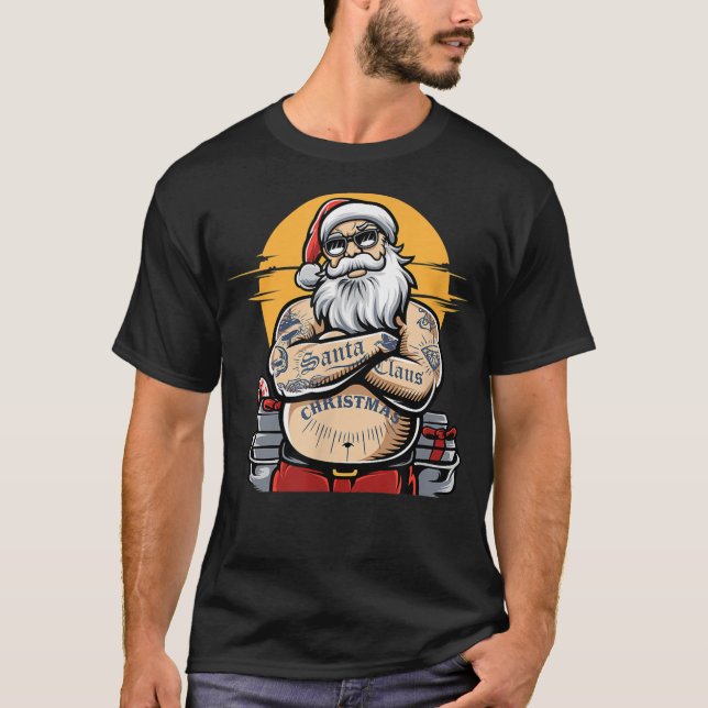 Camiseta Legal Papai Noel com tatuagens Engraçado Sant de N (Frente)