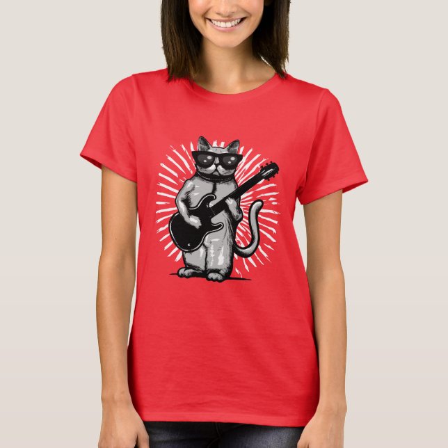 Camiseta Legal Rock E Roll Cat Tocando Violão Elétrico (Frente)