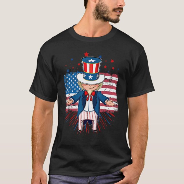 Camiseta Legal Tio Sam Mostrando Feliz Dia 4 De Julho (Frente)