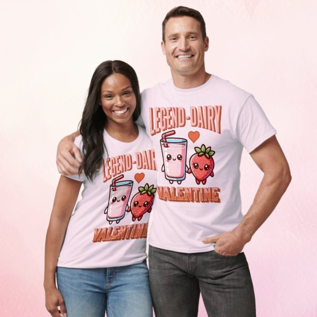 Camiseta Legenda branca Casal de Leite de Morango de Morang (Cute Legend-Dairy Couple Strawberry Milk Valentine T-Shirt)