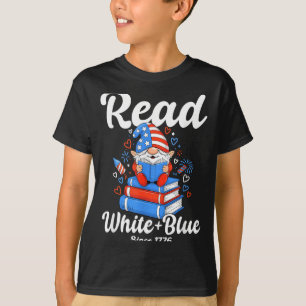 Camiseta Leia Branco Azul EUA Gnome Lendo 4 de Julho