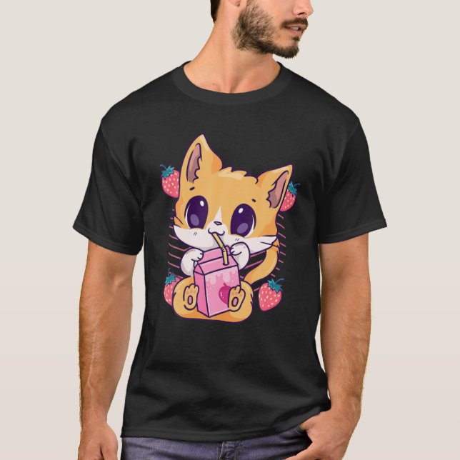 Camiseta Leite de Morango Gato Gato de Kawaii Gatinho Animo (Frente)
