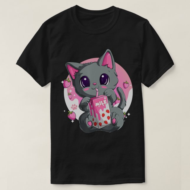 Camiseta Leite De Morango Para Mulheres Meninas Kawaii Gato (Frente do Design)