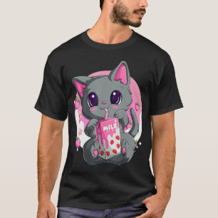 Camiseta Leite De Morango Para Mulheres Meninas Kawaii Gato