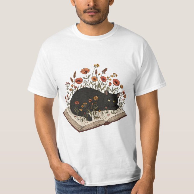 Camiseta Leitura de Livro Floral de Gato Bonito para Mulher (Frente)