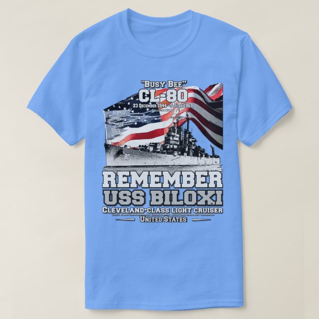 Camiseta LEMBRE-SE DOS USS Biloxi CL80 US Marinho light cru (Frente do Design)