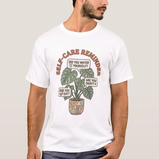 Camiseta Lembrete de Cuidado Pessoal Planta Monstera (Frente)