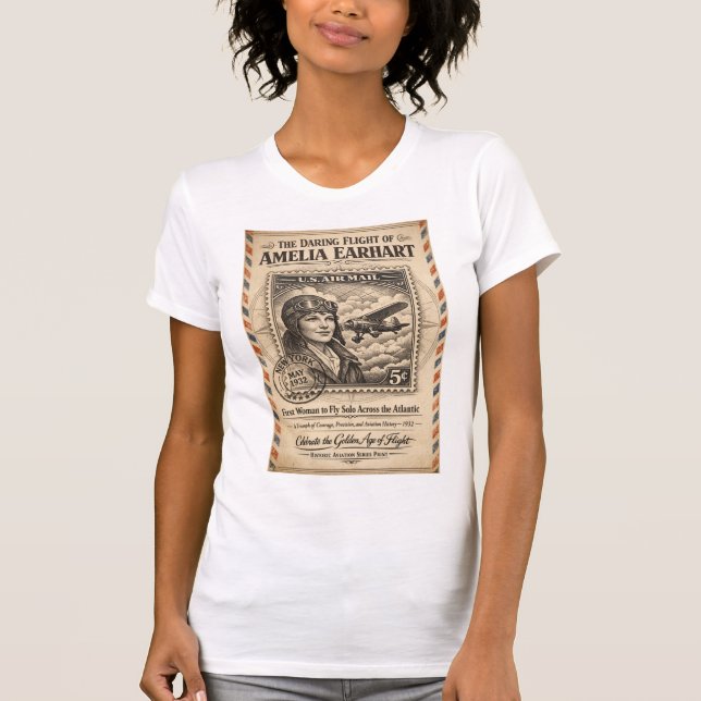 Camiseta Lenda dos Céus. Celebre Amelia Earhart (Frente)