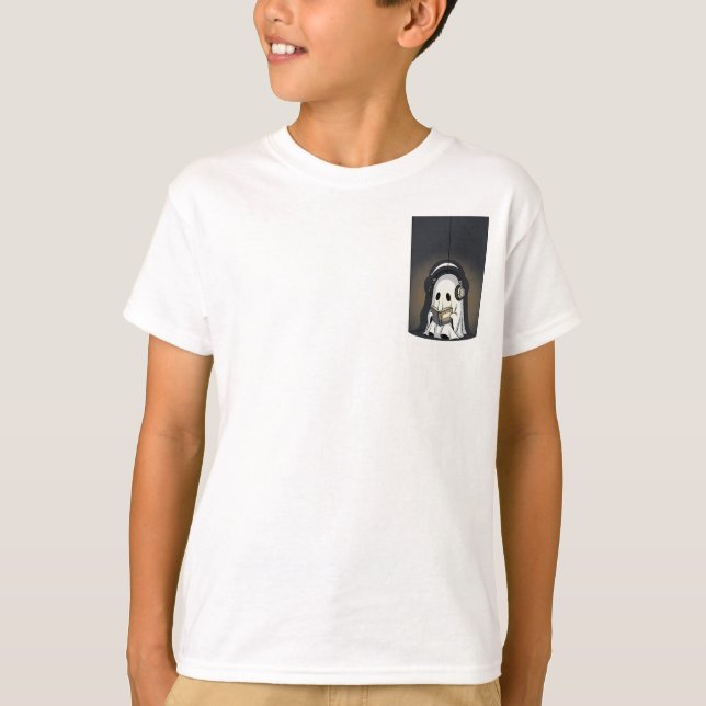Camiseta Lendo Fantasma Com Fones de Ouvido Crianças (Frente)
