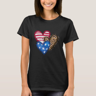 Camiseta Leopard American Flag Heart 4 de julho Gift