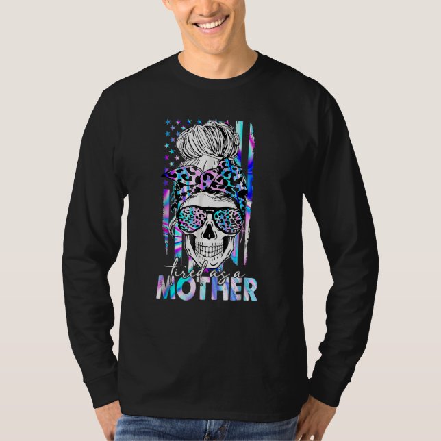 Camiseta Leopard Cansado Como Mãe, Skull American Flag Mãe (Frente)
