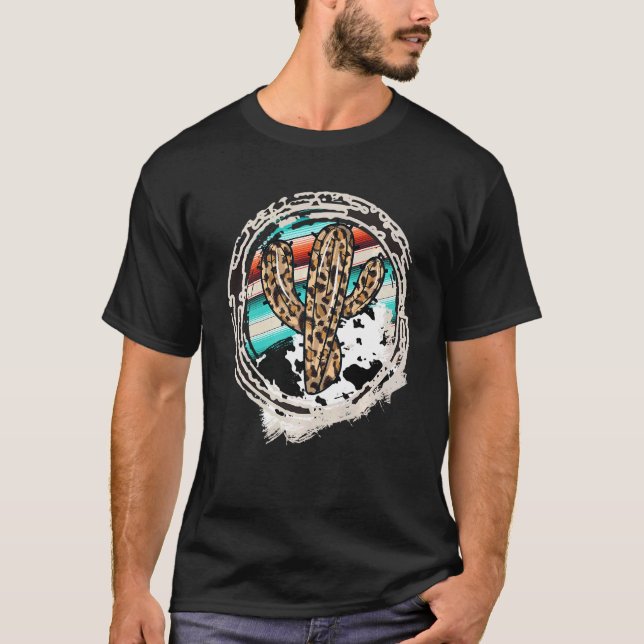 Camiseta Leopard Cow Patterno Cactus Serape Impressão Cowgi (Frente)