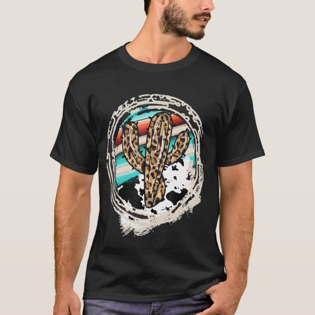 Camiseta Leopard Cow Patterno Cactus Serape Impressão Cowgi (Frente)