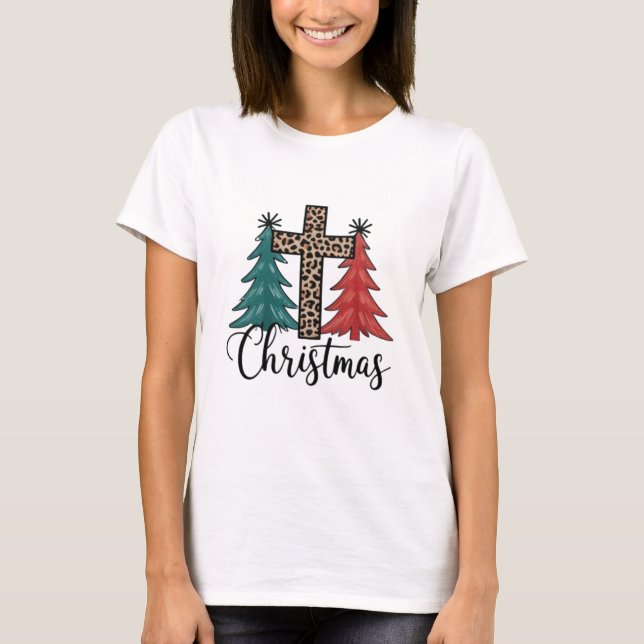 Camiseta Leopard Cross Christmas Trees Christian (Frente)