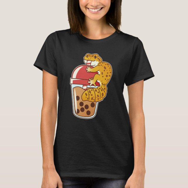 Camiseta Leopard Gecko Bebendo Boba Bubble Tea (Frente)