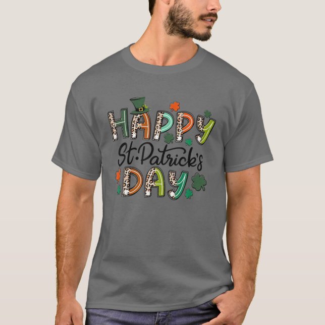 Camiseta Leopard Happy St. Patrick's Day Leprechaun Hat Sha (Frente)