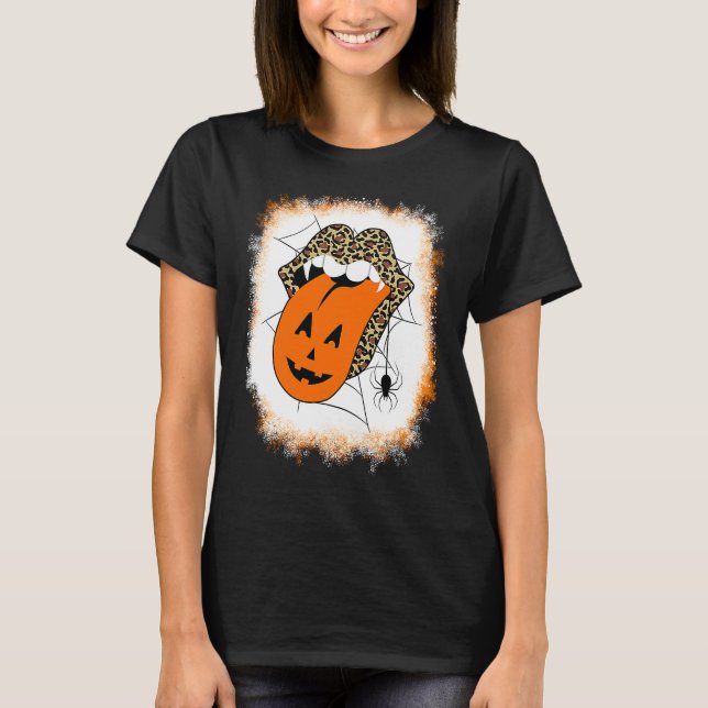 Camiseta Leopard Lips Halloween Lips Vampire Mouth Pumpkin  (Frente)