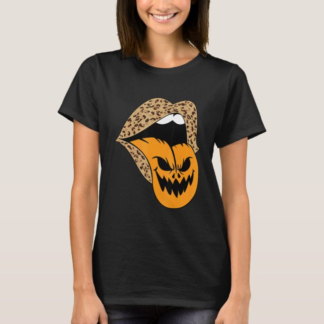 Camiseta Leopard Lips Halloween Lips Vampire Mouth Pumpkin  (Frente)