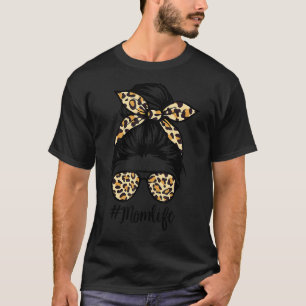 Camiseta Leopard Messy Bun Hair Óculos Mãe Vida Mãe D