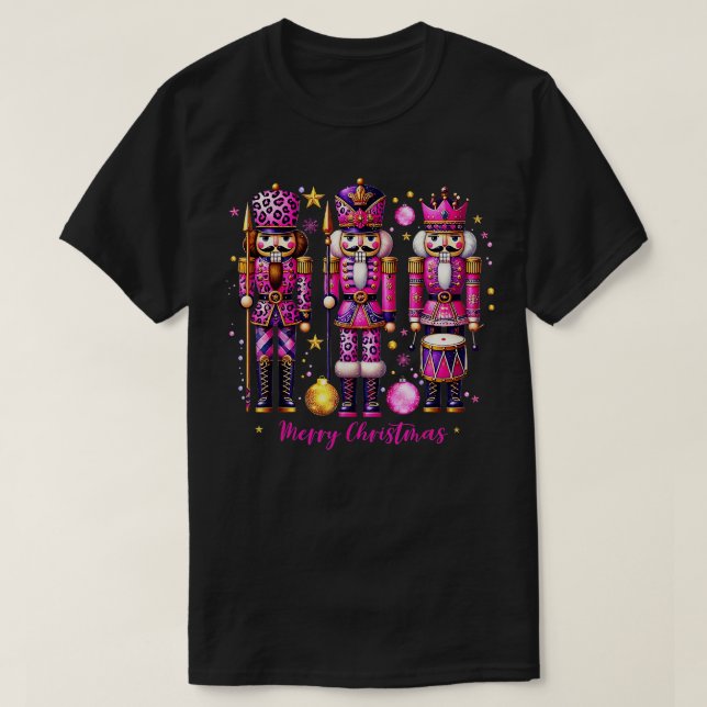 Camiseta Leopard Nutcracker Rosa Natal 2024 Xmas Pajama (Frente do Design)