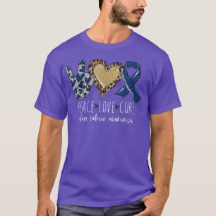 Camiseta Leopard Peace Love Cure Blue Ribbon Colon Cancer A