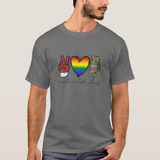 Camiseta Leopard Peace Love Rhode Island Heart LGBT Pride C (Frente)
