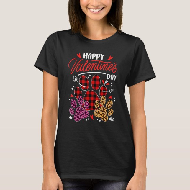 Camiseta Leopard Plaid Dog Cat Paw Print Happy Valentines D (Frente)