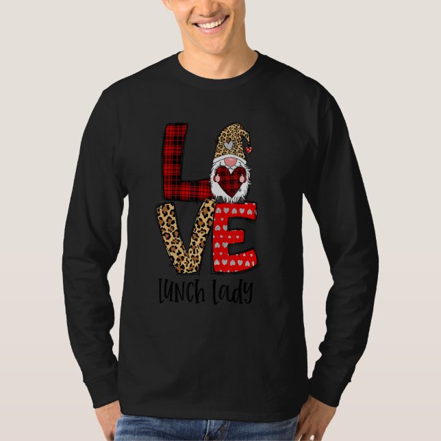 Camiseta Leopard Plaid Gnome Heart LOVE Lunch Lady Valentin (Frente)