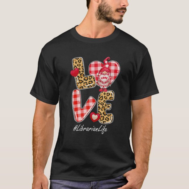 Camiseta Leopard Plaid Heart LOVE Librarian Life Gnome Vale (Frente)