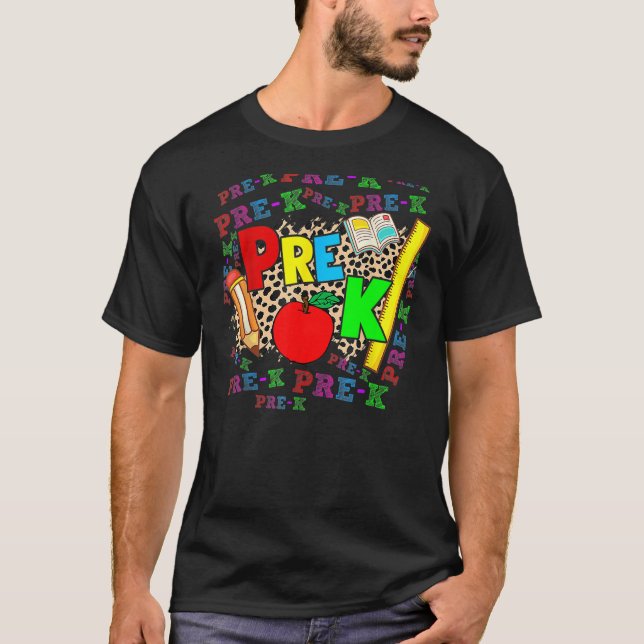 Camiseta Leopard Pre K Typography Preschool Teacher Back To (Frente)