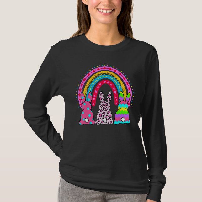 Camiseta Leopard Rainbow Easter Coelho Coelho Trio Cute Hap (Frente)