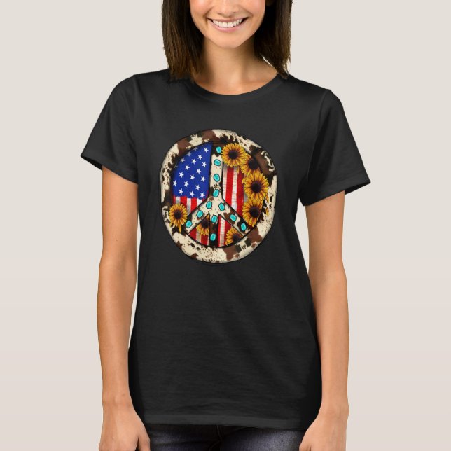 Camiseta Leopard Turquoise American Flag Peace Sign Hippie (Frente)