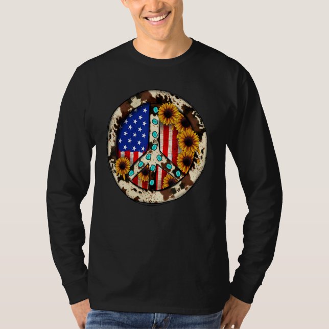 Camiseta Leopard Turquoise American Flag Peace Sign Hippie (Frente)
