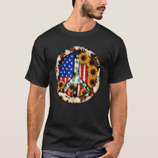 Camiseta Leopard Turquoise American Flag Peace Sign Hippie