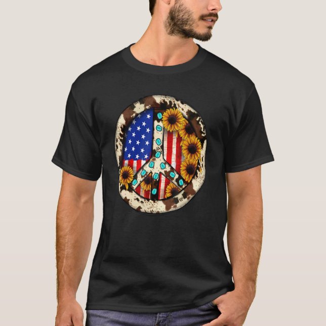 Camiseta Leopard Turquoise American Flag Peace Sign Hippie (Frente)