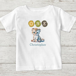 Camiseta Leopardo 1º Aniversário um com nome azul
